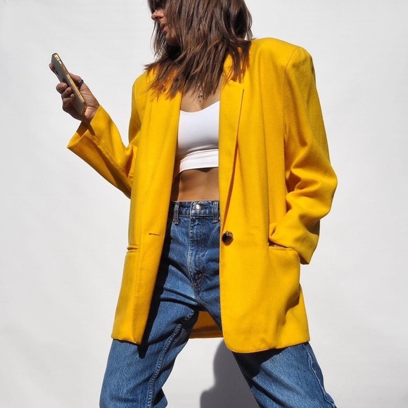 Vintage Jackets & Blazers - VINTAGE 80'S YELLOW WOOL BLAZER